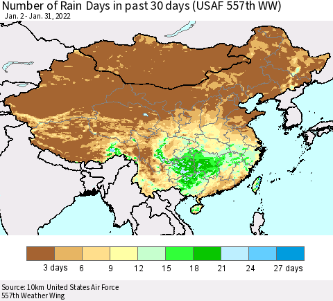 China, Mongolia and Taiwan Number of Rain Days in past 30 days (USAF 557th WW) 01/31/2022 Thematic Map For 1/26/2022 - 1/31/2022