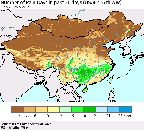 China, Mongolia and Taiwan Number of Rain Days in past 30 days (USAF 557th WW) 02/05/2022 Thematic Map For 2/1/2022 - 2/5/2022