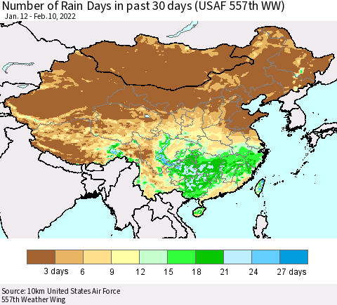 China, Mongolia and Taiwan Number of Rain Days in past 30 days (USAF 557th WW) 02/10/2022 Thematic Map For 2/6/2022 - 2/10/2022