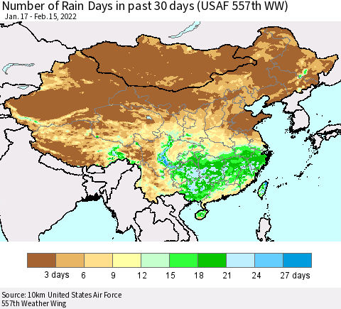 China, Mongolia and Taiwan Number of Rain Days in past 30 days (USAF 557th WW) 02/15/2022 Thematic Map For 2/11/2022 - 2/15/2022