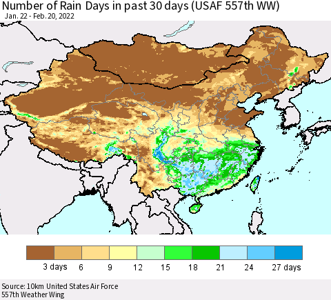 China, Mongolia and Taiwan Number of Rain Days in past 30 days (USAF 557th WW) 02/20/2022 Thematic Map For 2/16/2022 - 2/20/2022
