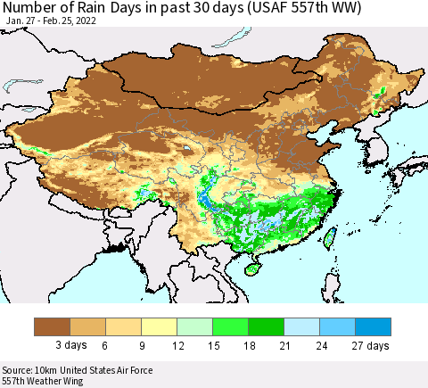 China, Mongolia and Taiwan Number of Rain Days in past 30 days (USAF 557th WW) 02/25/2022 Thematic Map For 2/21/2022 - 2/25/2022