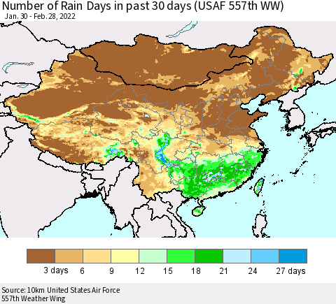 China, Mongolia and Taiwan Number of Rain Days in past 30 days (USAF 557th WW) 02/28/2022 Thematic Map For 2/26/2022 - 2/28/2022