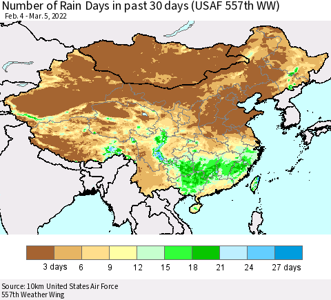 China, Mongolia and Taiwan Number of Rain Days in past 30 days (USAF 557th WW) 03/05/2022 Thematic Map For 3/1/2022 - 3/5/2022