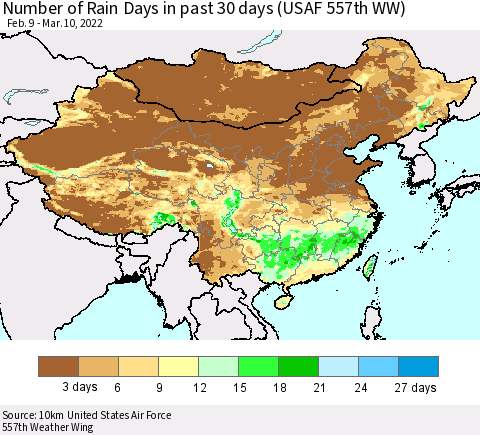 China, Mongolia and Taiwan Number of Rain Days in past 30 days (USAF 557th WW) 03/10/2022 Thematic Map For 3/6/2022 - 3/10/2022