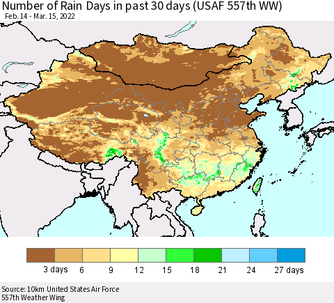 China, Mongolia and Taiwan Number of Rain Days in past 30 days (USAF 557th WW) 03/15/2022 Thematic Map For 3/11/2022 - 3/15/2022