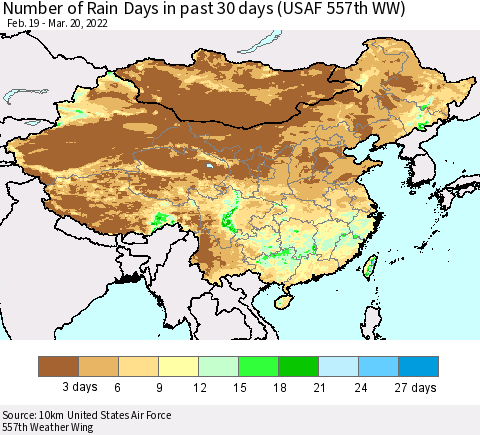 China, Mongolia and Taiwan Number of Rain Days in past 30 days (USAF 557th WW) 03/20/2022 Thematic Map For 3/16/2022 - 3/20/2022