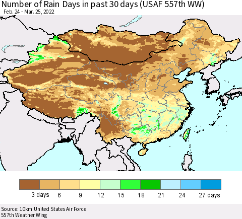 China, Mongolia and Taiwan Number of Rain Days in past 30 days (USAF 557th WW) 03/25/2022 Thematic Map For 3/21/2022 - 3/25/2022