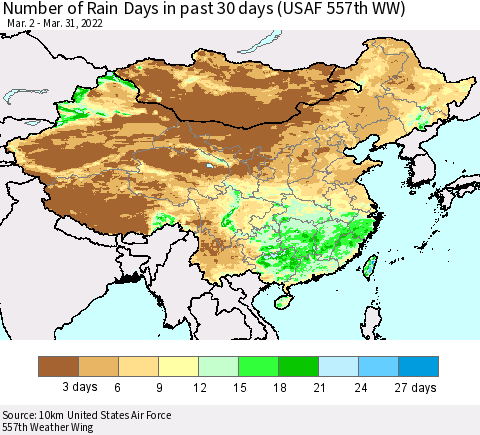 China, Mongolia and Taiwan Number of Rain Days in past 30 days (USAF 557th WW) 03/31/2022 Thematic Map For 3/26/2022 - 3/31/2022
