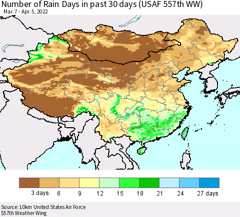 China, Mongolia and Taiwan Number of Rain Days in past 30 days (USAF 557th WW) 04/05/2022 Thematic Map For 4/1/2022 - 4/5/2022