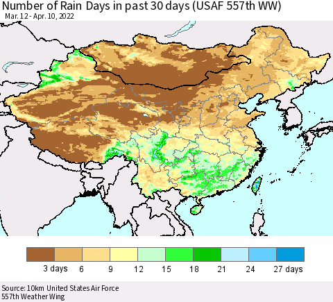 China, Mongolia and Taiwan Number of Rain Days in past 30 days (USAF 557th WW) 04/10/2022 Thematic Map For 4/6/2022 - 4/10/2022
