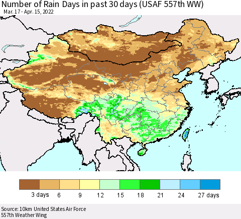 China, Mongolia and Taiwan Number of Rain Days in past 30 days (USAF 557th WW) 04/15/2022 Thematic Map For 4/11/2022 - 4/15/2022