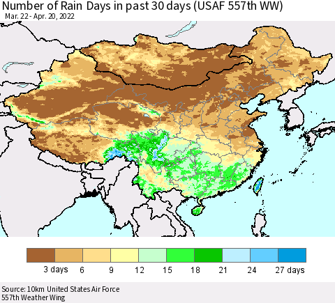 China, Mongolia and Taiwan Number of Rain Days in past 30 days (USAF 557th WW) 04/20/2022 Thematic Map For 4/16/2022 - 4/20/2022