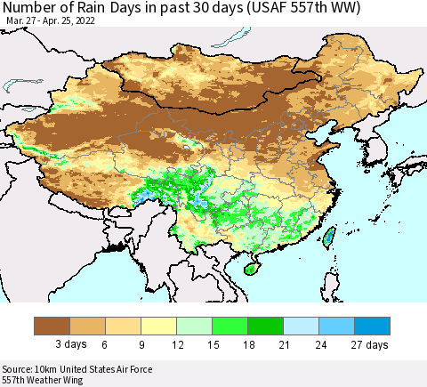 China, Mongolia and Taiwan Number of Rain Days in past 30 days (USAF 557th WW) 04/25/2022 Thematic Map For 4/21/2022 - 4/25/2022