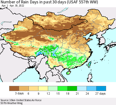 China, Mongolia and Taiwan Number of Rain Days in past 30 days (USAF 557th WW) 04/30/2022 Thematic Map For 4/26/2022 - 4/30/2022