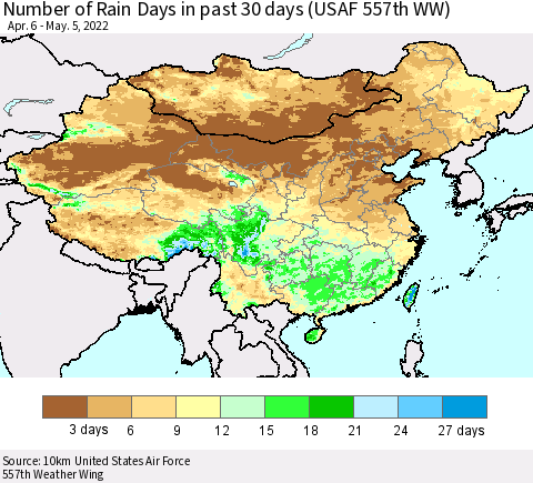 China, Mongolia and Taiwan Number of Rain Days in past 30 days (USAF 557th WW) 05/05/2022 Thematic Map For 5/1/2022 - 5/5/2022