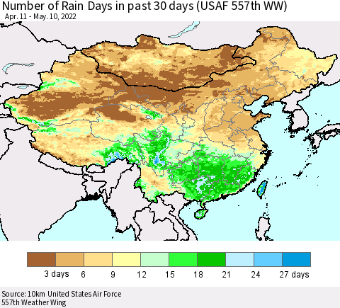 China, Mongolia and Taiwan Number of Rain Days in past 30 days (USAF 557th WW) 05/10/2022 Thematic Map For 5/6/2022 - 5/10/2022