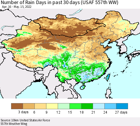 China, Mongolia and Taiwan Number of Rain Days in past 30 days (USAF 557th WW) 05/15/2022 Thematic Map For 5/11/2022 - 5/15/2022