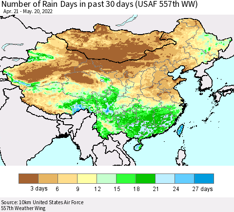 China, Mongolia and Taiwan Number of Rain Days in past 30 days (USAF 557th WW) 05/20/2022 Thematic Map For 5/16/2022 - 5/20/2022