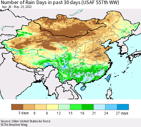 China, Mongolia and Taiwan Number of Rain Days in past 30 days (USAF 557th WW) 05/25/2022 Thematic Map For 5/21/2022 - 5/25/2022