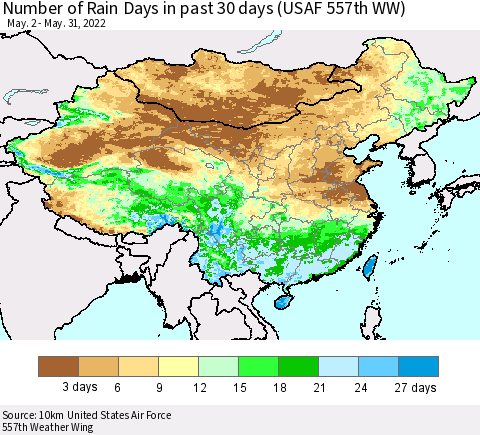 China, Mongolia and Taiwan Number of Rain Days in past 30 days (USAF 557th WW) 05/31/2022 Thematic Map For 5/26/2022 - 5/31/2022