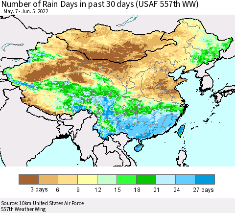 China, Mongolia and Taiwan Number of Rain Days in past 30 days (USAF 557th WW) 06/05/2022 Thematic Map For 6/1/2022 - 6/5/2022
