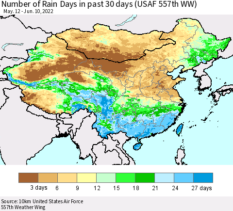 China, Mongolia and Taiwan Number of Rain Days in past 30 days (USAF 557th WW) 06/10/2022 Thematic Map For 6/6/2022 - 6/10/2022