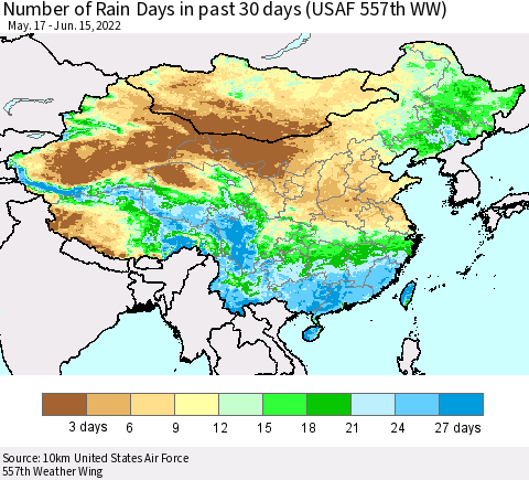 China, Mongolia and Taiwan Number of Rain Days in past 30 days (USAF 557th WW) 06/15/2022 Thematic Map For 6/11/2022 - 6/15/2022