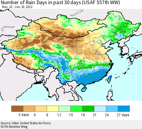 China, Mongolia and Taiwan Number of Rain Days in past 30 days (USAF 557th WW) 06/20/2022 Thematic Map For 6/16/2022 - 6/20/2022