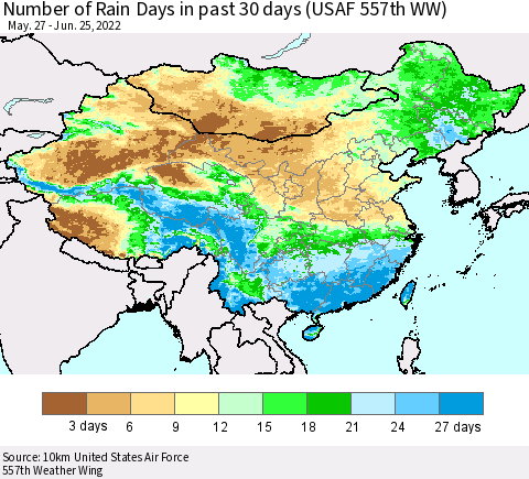 China, Mongolia and Taiwan Number of Rain Days in past 30 days (USAF 557th WW) 06/25/2022 Thematic Map For 6/21/2022 - 6/25/2022