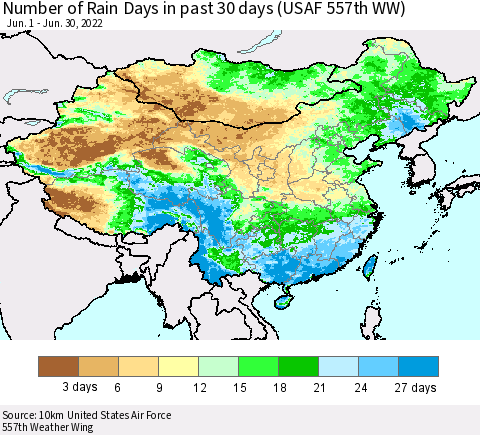 China, Mongolia and Taiwan Number of Rain Days in past 30 days (USAF 557th WW) 06/30/2022 Thematic Map For 6/26/2022 - 6/30/2022