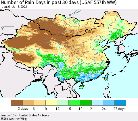 China, Mongolia and Taiwan Number of Rain Days in past 30 days (USAF 557th WW) 07/05/2022 Thematic Map For 7/1/2022 - 7/5/2022