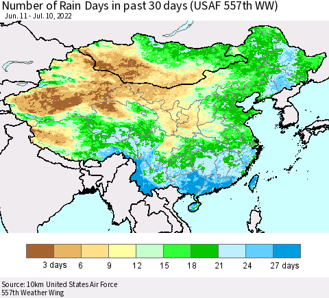 China, Mongolia and Taiwan Number of Rain Days in past 30 days (USAF 557th WW) 07/10/2022 Thematic Map For 7/6/2022 - 7/10/2022