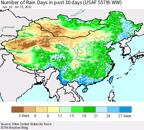 China, Mongolia and Taiwan Number of Rain Days in past 30 days (USAF 557th WW) 07/15/2022 Thematic Map For 7/11/2022 - 7/15/2022