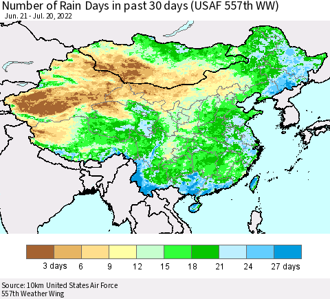 China, Mongolia and Taiwan Number of Rain Days in past 30 days (USAF 557th WW) 07/20/2022 Thematic Map For 7/16/2022 - 7/20/2022