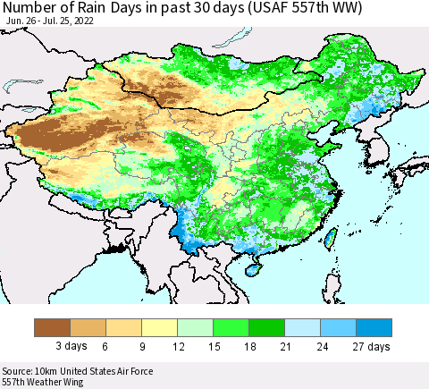 China, Mongolia and Taiwan Number of Rain Days in past 30 days (USAF 557th WW) 07/25/2022 Thematic Map For 7/21/2022 - 7/25/2022