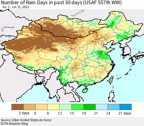 China, Mongolia and Taiwan Number of Rain Days in past 30 days (USAF 557th WW) 07/31/2022 Thematic Map For 7/26/2022 - 7/31/2022