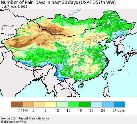 China, Mongolia and Taiwan Number of Rain Days in past 30 days (USAF 557th WW) 08/05/2022 Thematic Map For 8/1/2022 - 8/5/2022