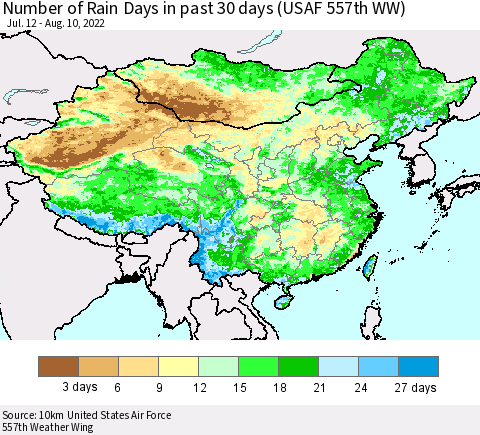China, Mongolia and Taiwan Number of Rain Days in past 30 days (USAF 557th WW) 08/10/2022 Thematic Map For 8/6/2022 - 8/10/2022
