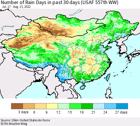 China, Mongolia and Taiwan Number of Rain Days in past 30 days (USAF 557th WW) 08/15/2022 Thematic Map For 8/11/2022 - 8/15/2022