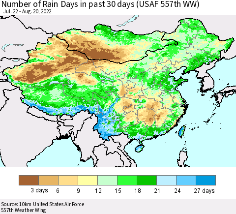 China, Mongolia and Taiwan Number of Rain Days in past 30 days (USAF 557th WW) 08/20/2022 Thematic Map For 8/16/2022 - 8/20/2022
