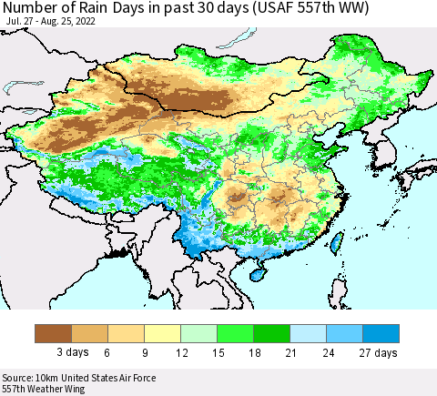 China, Mongolia and Taiwan Number of Rain Days in past 30 days (USAF 557th WW) 08/25/2022 Thematic Map For 8/21/2022 - 8/25/2022