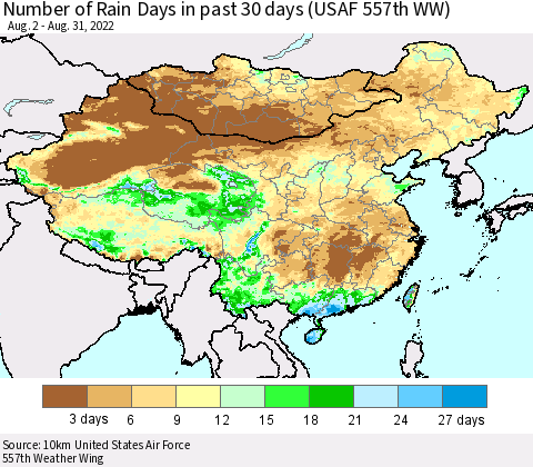 China, Mongolia and Taiwan Number of Rain Days in past 30 days (USAF 557th WW) 08/31/2022 Thematic Map For 8/26/2022 - 8/31/2022