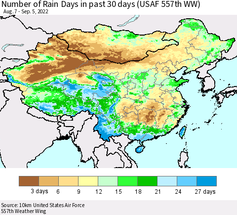 China, Mongolia and Taiwan Number of Rain Days in past 30 days (USAF 557th WW) 09/05/2022 Thematic Map For 9/1/2022 - 9/5/2022