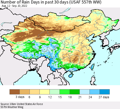 China, Mongolia and Taiwan Number of Rain Days in past 30 days (USAF 557th WW) 09/10/2022 Thematic Map For 9/6/2022 - 9/10/2022