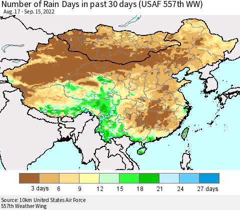 China, Mongolia and Taiwan Number of Rain Days in past 30 days (USAF 557th WW) 09/15/2022 Thematic Map For 9/11/2022 - 9/15/2022