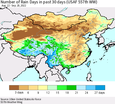 China, Mongolia and Taiwan Number of Rain Days in past 30 days (USAF 557th WW) 09/20/2022 Thematic Map For 9/16/2022 - 9/20/2022