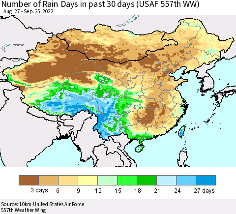 China, Mongolia and Taiwan Number of Rain Days in past 30 days (USAF 557th WW) 09/25/2022 Thematic Map For 9/21/2022 - 9/25/2022