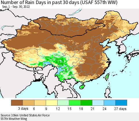 China, Mongolia and Taiwan Number of Rain Days in past 30 days (USAF 557th WW) 09/30/2022 Thematic Map For 9/26/2022 - 9/30/2022