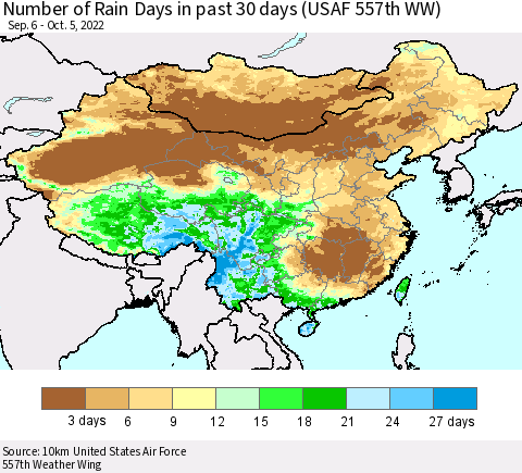 China, Mongolia and Taiwan Number of Rain Days in past 30 days (USAF 557th WW) 10/05/2022 Thematic Map For 10/1/2022 - 10/5/2022